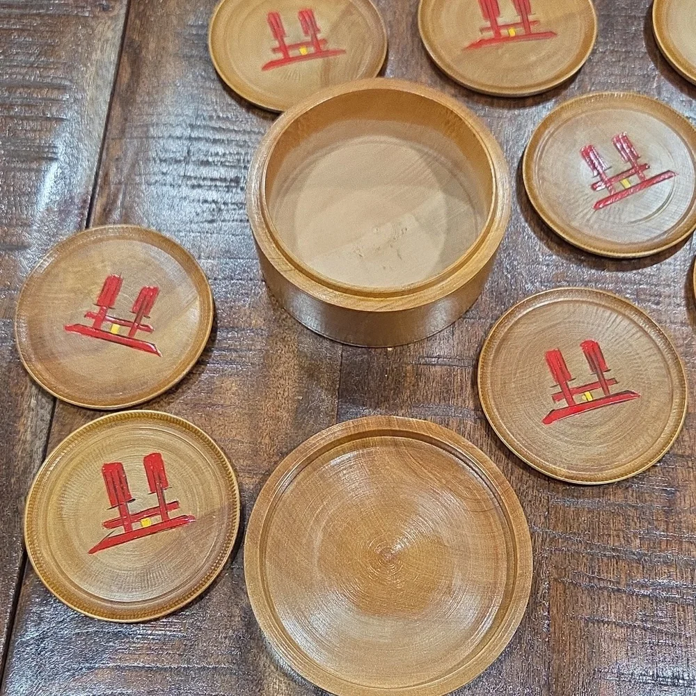 Vintage Japanese Handcrafted Wooden Coaster Set with Box